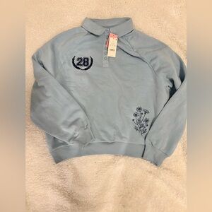 Zoe & Liv Light Blue Pullover Collared Sweatshirt with Floral Detail super soft